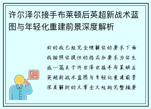 许尔泽尔接手布莱顿后英超新战术蓝图与年轻化重建前景深度解析